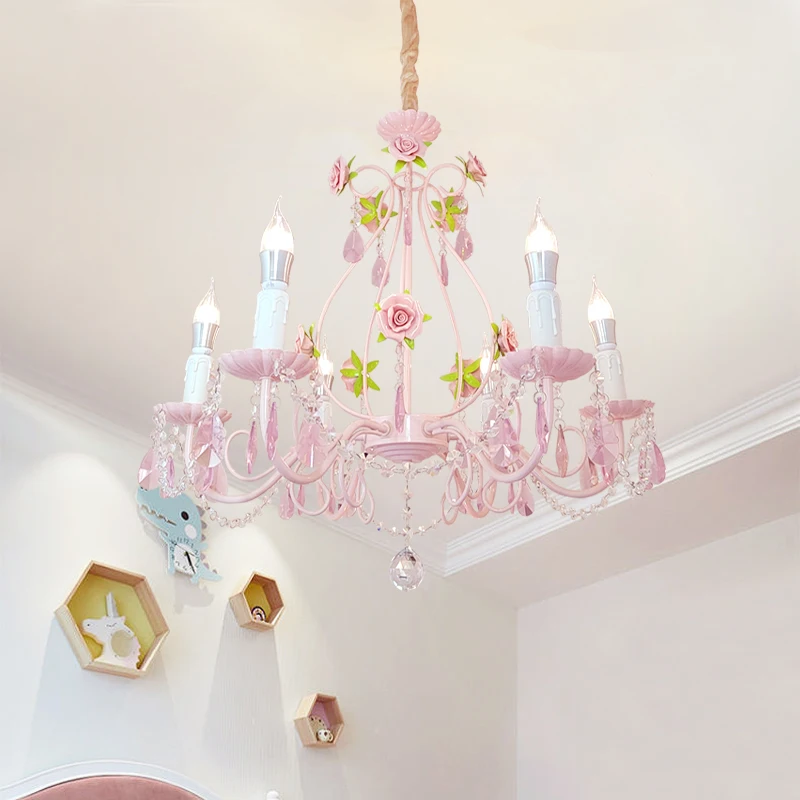 

Pastoral Lighting Iron Rose Restaurant Lighting Children's Bedroom Girl Crystal Flower and Plant Chandelier