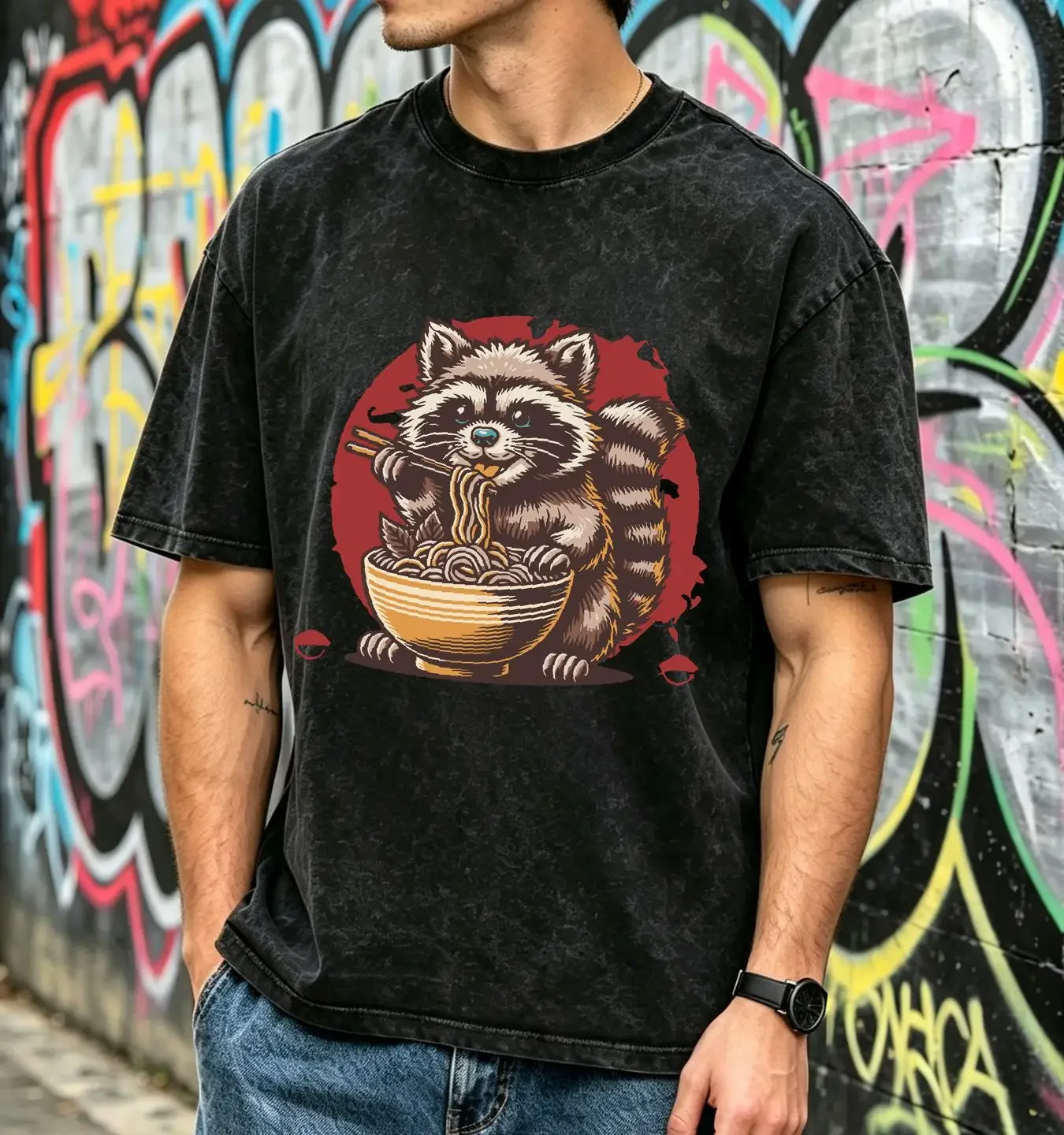 washed T Shirt Noodle Racoon Tokyo Ramen Noodles Art Japan Eating Hungry Lover long or short sleeves vintage Washed streetwear