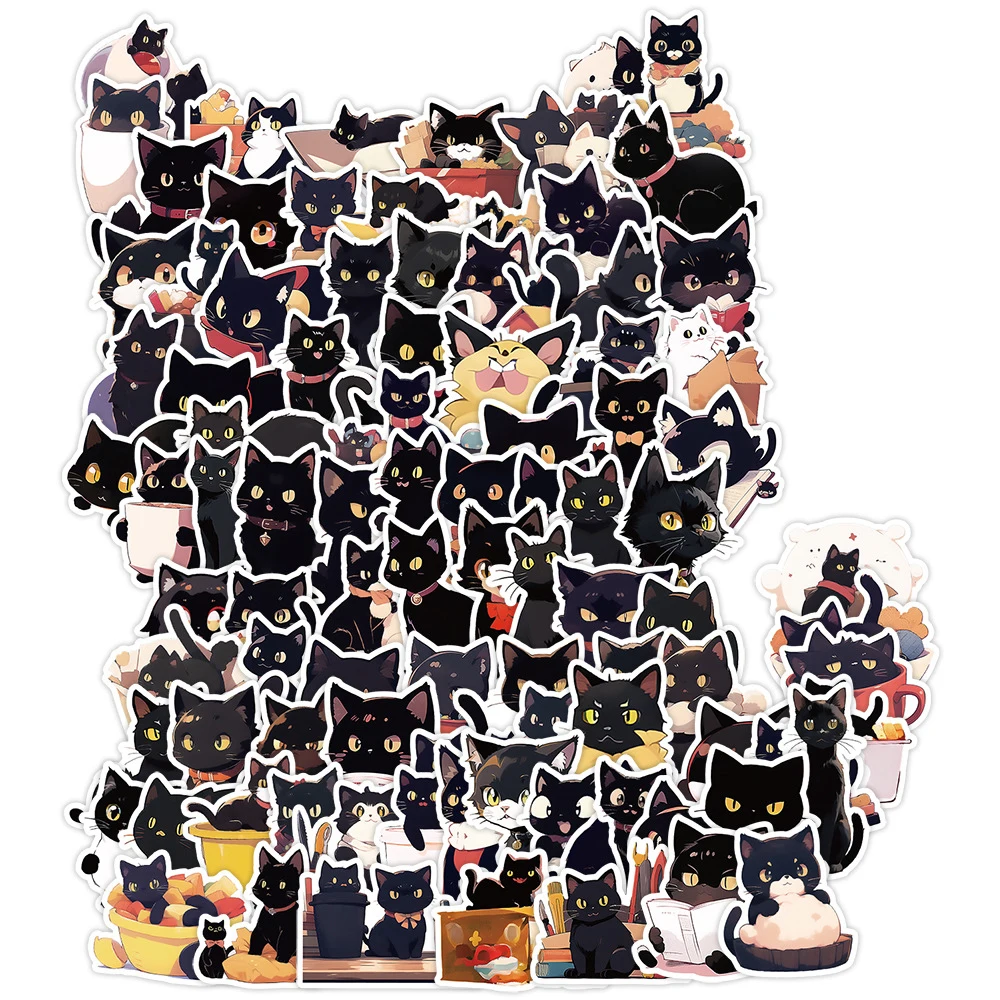 Pegatinas de dibujos animados de gato negro Kawaii, calcomanías para nevera, portátil, guitarra, cuaderno, teléfono, juguetes clásicos para niños, 10/30/50/100 piezas