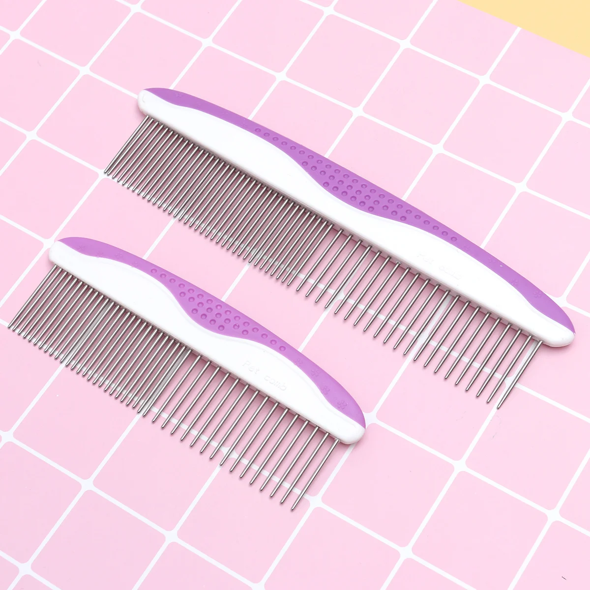 

2 pcs Pet Grooming Combs Stainless Steel Round Head Anti-Slip Grip Tapered Teeth For Dogs Cats All Breeds Size