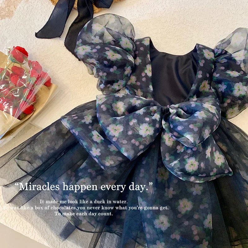 

Girls dress summer baby dress fashion temperament ink color Danqing girl princess dress floral bows for children's clothing