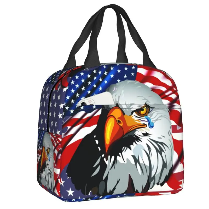 USA American Flag Bald Eagle Insulated Lunch Bag for School Office Leakproof Thermal Cooler Bento Box Women Kids