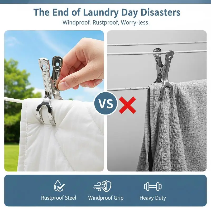 Stainless Steel Windproof Clothes Pegs 6pcs Rustproof Non-Slip Laundry Clips for Home Balcony Clothes Drying