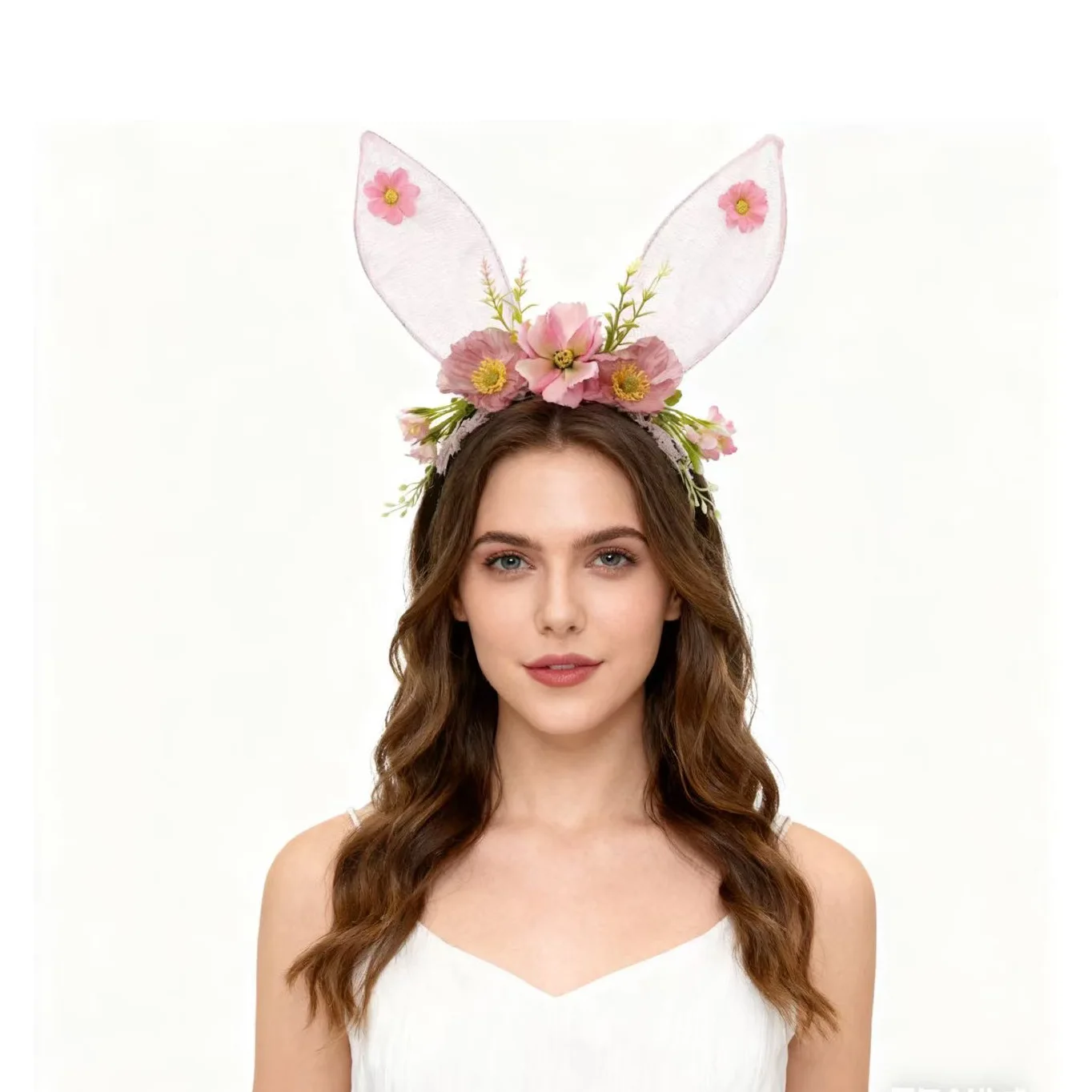 

Новая сетчатая повязка на голову с имитацией кроличьих ушек и цветов, для Дня защиты детей, пасхальных вечеринок, фотосессий в живописных местах, головной убор для фотосъемки.
