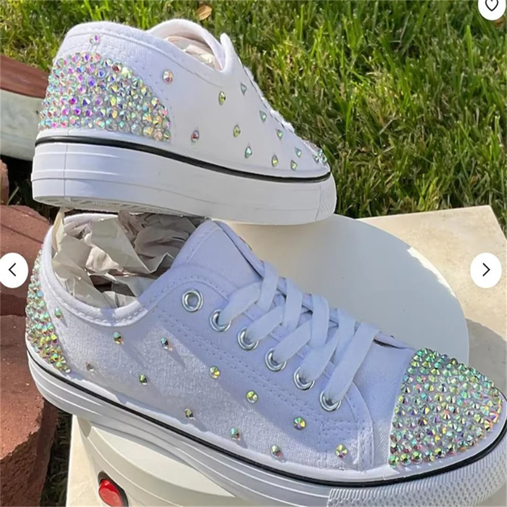 White low-top color rhinestone accessories custom style canvas shoes sports leisure banquet wedding women\'s shoes 35-46