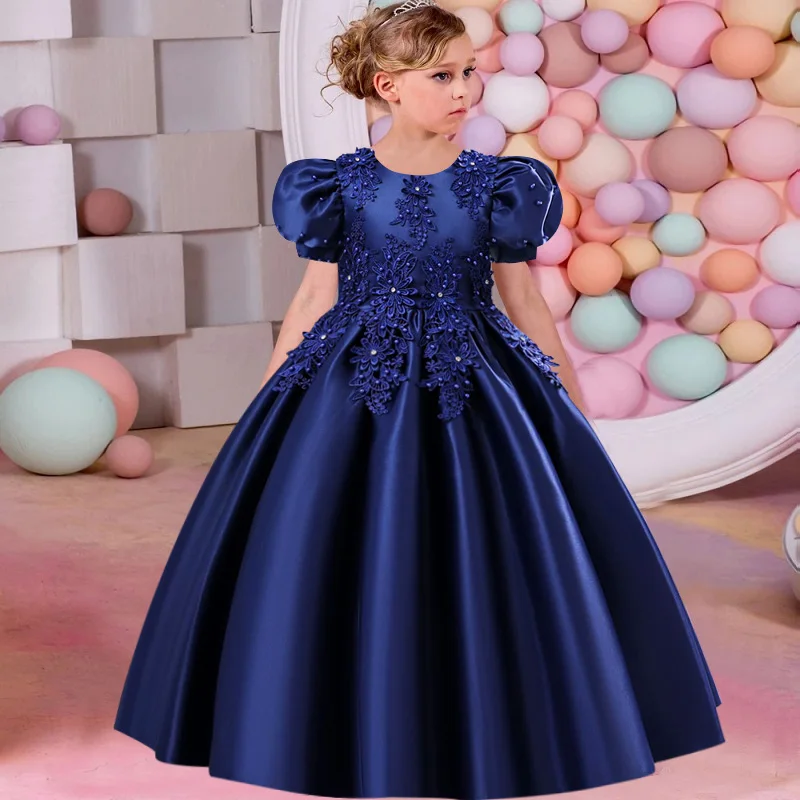 Vestido largo de satén con manga de burbuja y cuentas para niña, traje Formal de princesa para fiesta de graduación y noche, 3-10T