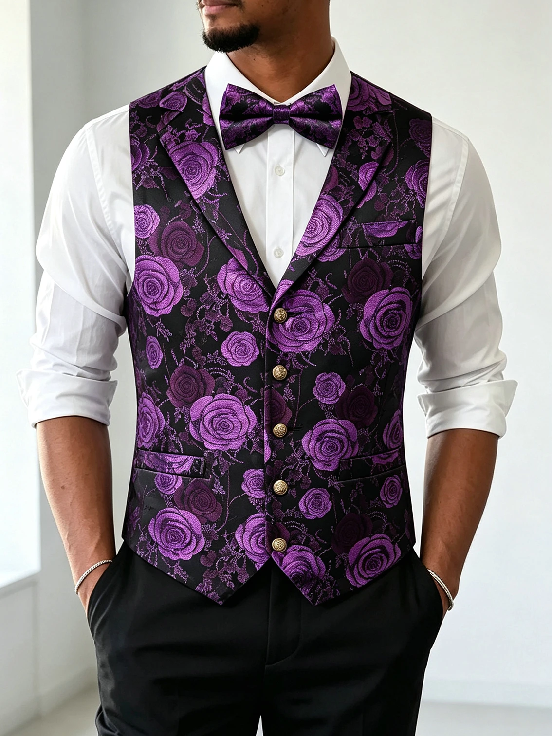 VERVEROW Luxuriöse Herren-Weste mit Jacquard-Blumenmuster, gekerbtem Reverskragen, Weste mit Fliege, Set für formelle Hochzeiten, Partys, Smoking – Detail 1