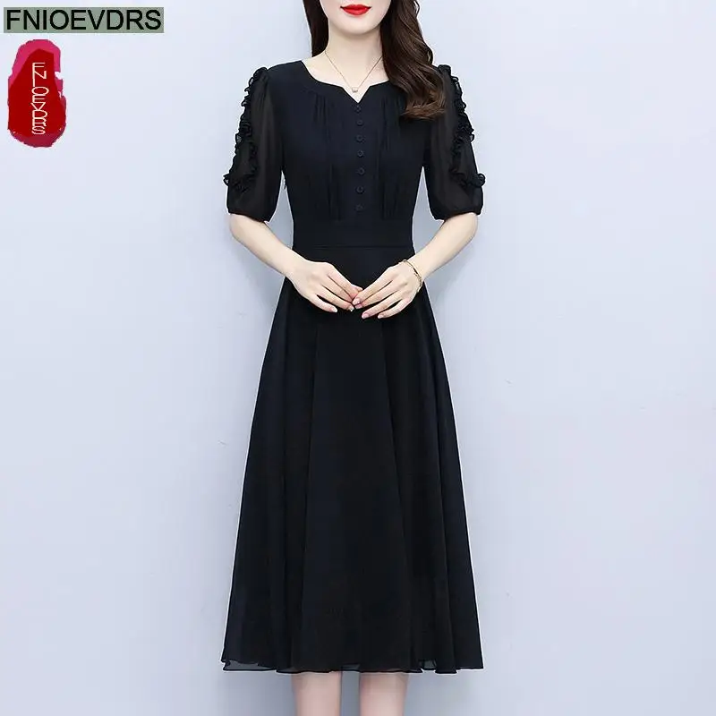 느슨한 옷 여성 2025 여름 패션 사무실 레이디 기본 버튼 프릴 레트로 빈티지 레이디 우아한 블랙 셔츠 드레스