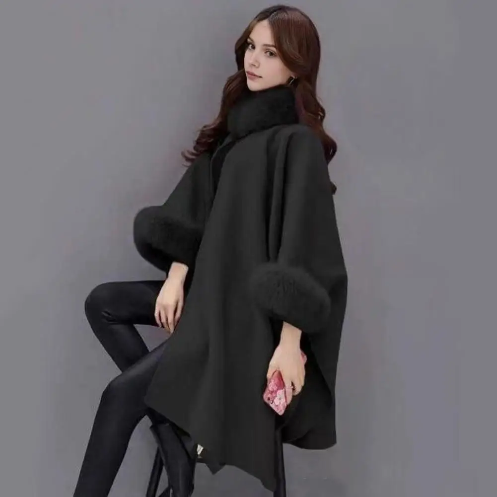 Woolen Outerwear Stylish Winter Cape Coat with Dolman Sleeves Faux Fur Decor for Women Warm Shawl Poncho for Wear Outdoor Work