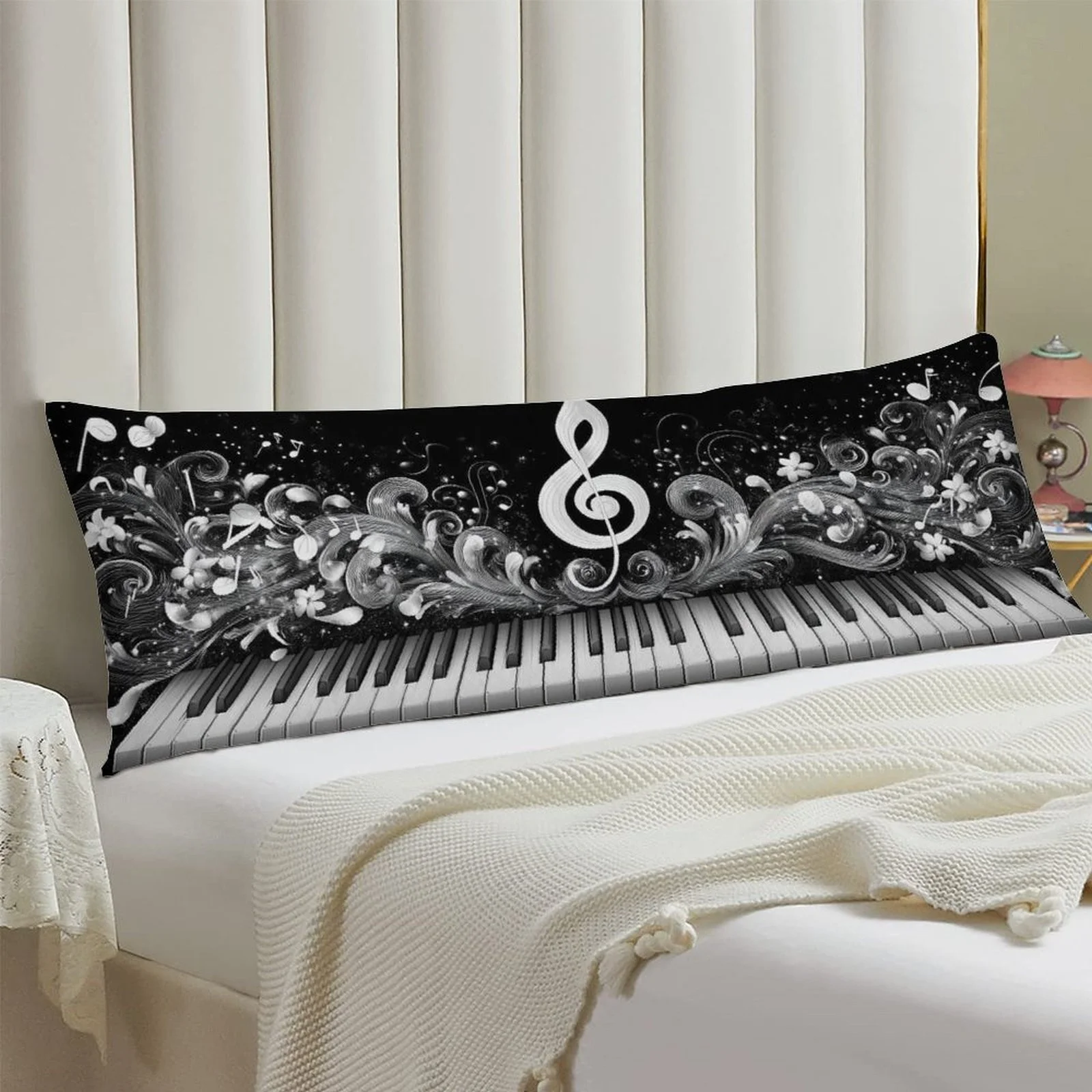 Extra-Long Pillowcase - Black, White, and Gray Floral Musical Notes and Piano Keys Design - Soft Plush Mattress Cover, Suitable