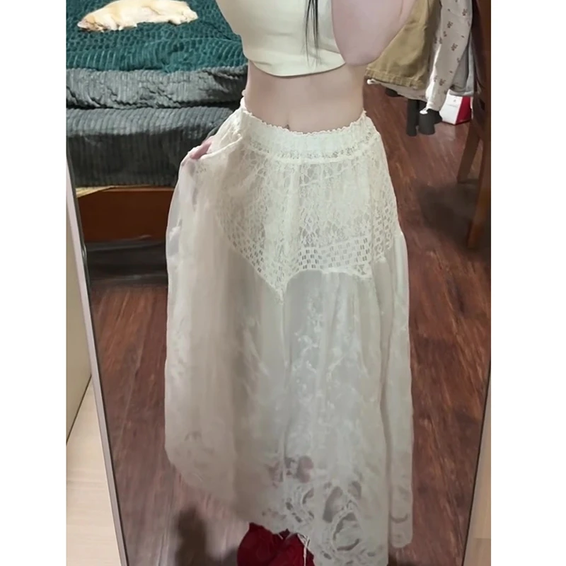 Beach Style 25 New Arrival Women Loose Casual A-line Skirt Hollow Out Devise Summer Mesh Patchwork Lace Ankle-length Skirts T155