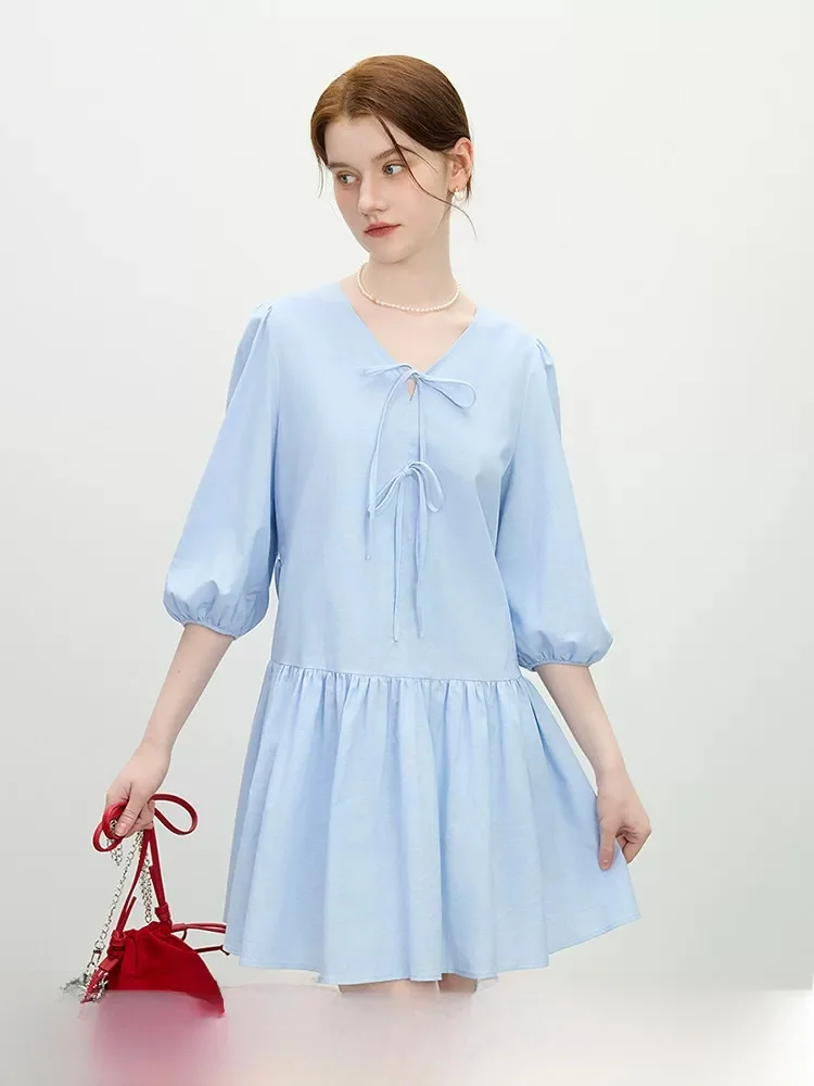 

Летнее модное платье А-силуэта из хлопка и льна с V-образным вырезом и узлом, свободного кроя, для женщин, на весну, лето, осень, для повседневной носки