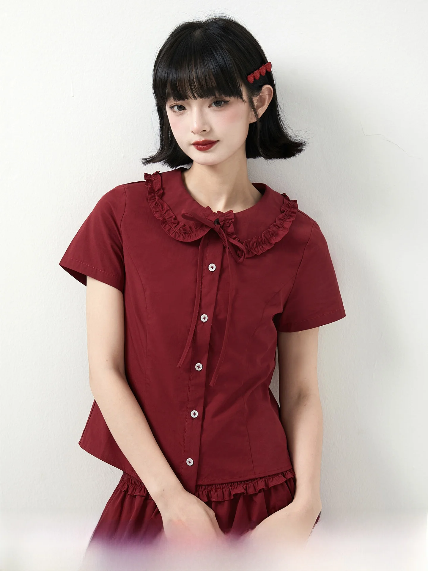 

Asymmetric Design Berry Doll Collar Women's Top Red Wine Color Wooden Doll Collar Youthful Knot Design Cotton Blend irt