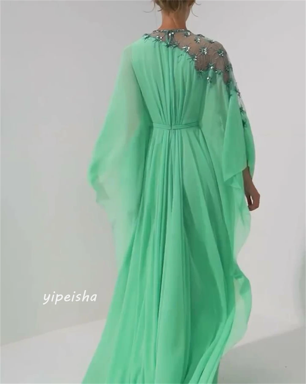 Chiffon Beading Draped Pleat Ruffles Christmas A-line O-Neck Bespoke Occasion Gown Long Dresses