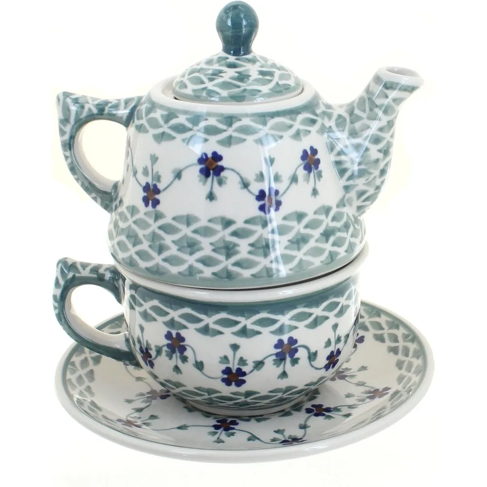 

Green Sage Floral Tea Set for One - 8 oz Decorative Teapot and Cup, Unique Blue Rose Polish Pottery Gift