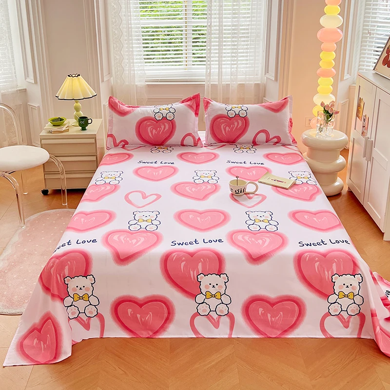 Pink Love Theme Skin-friendly Bed Sheet Set Cute Cartoon Bear Bedding Suitable for Children Girls Soft Sheets Bedroom Decor