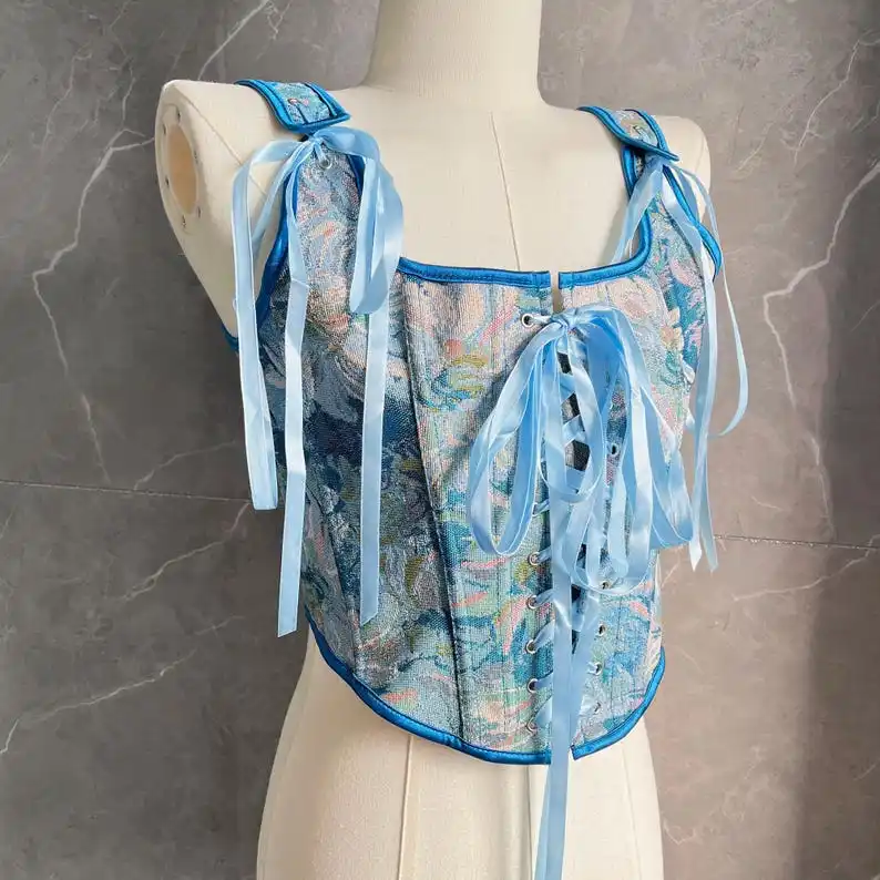 Retro oil painting blue flowers fashionable all-match waist corset French court jacquard elegant exquisite corset
