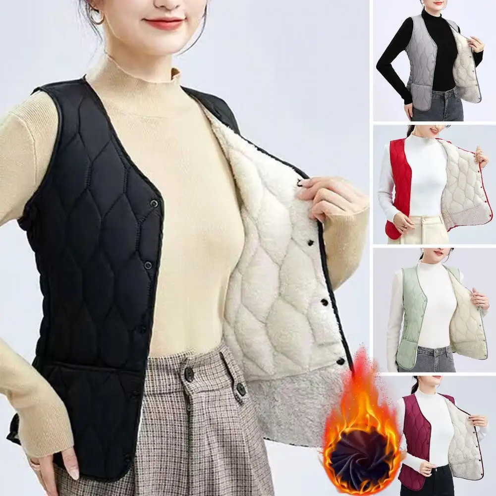 Winter Dames Vest Jas Effen Kleur Gewatteerd Pluche Casual Gilet Casual V-Hals Zakken Single-Breasted Thermisch Vest Jack