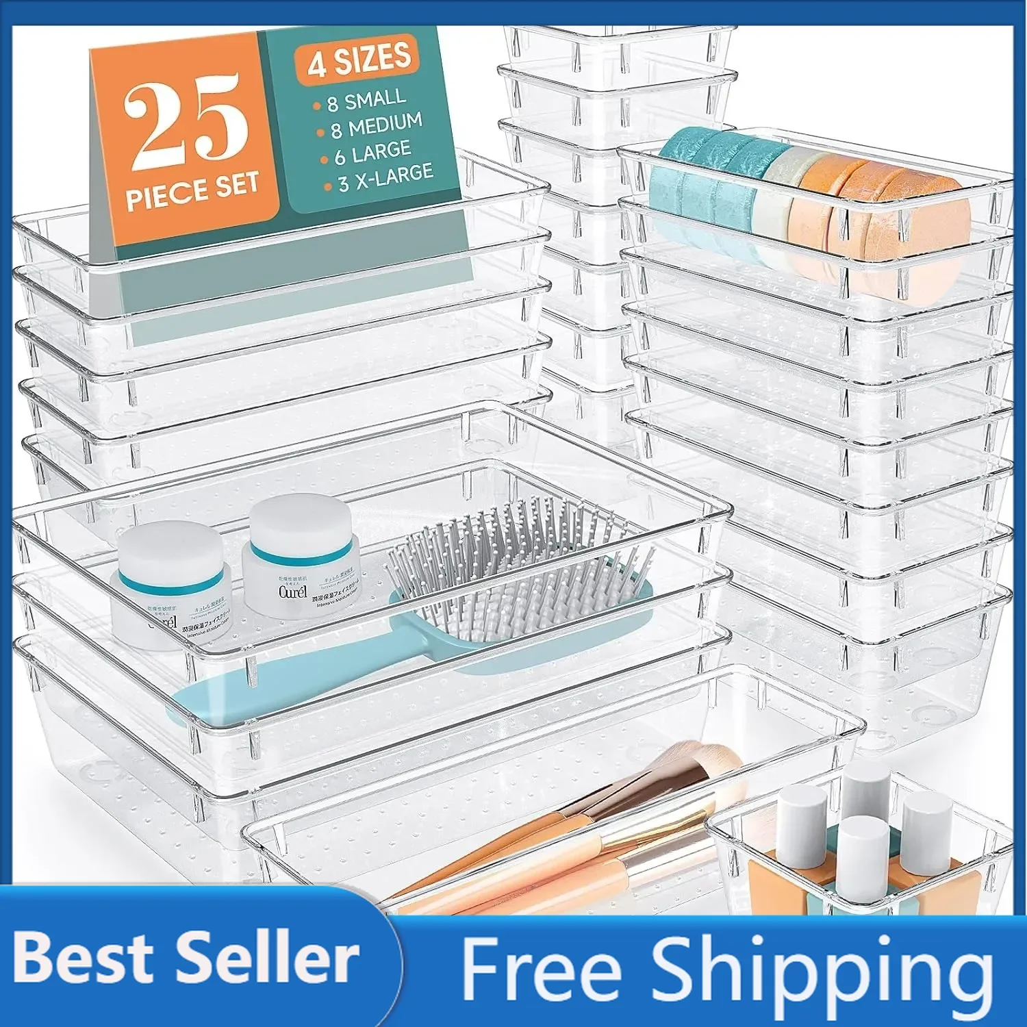 WOWBOX 25 PCS Clear Plastic Drawer Organizer Set, 4 Sizes Desk Drawer Divider Organizers and Storage Bins for Makeup, Jewelry