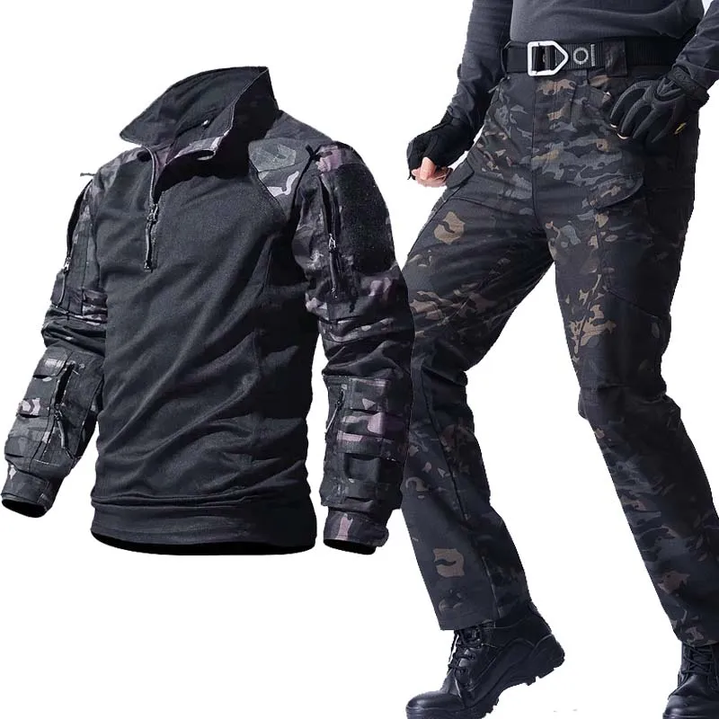 

Outdoor Tactical Sets Multi-Pocket Shirts +Cargo Pant Ripstop Outdoor Military Uniform Sport Suits Camo Wear-resisting Windproof