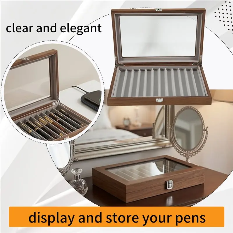 Walnut Pen Storage Case Luxury 2 Layer Pen Display Organizer Transparent Window Fountain Box Pen-Collection