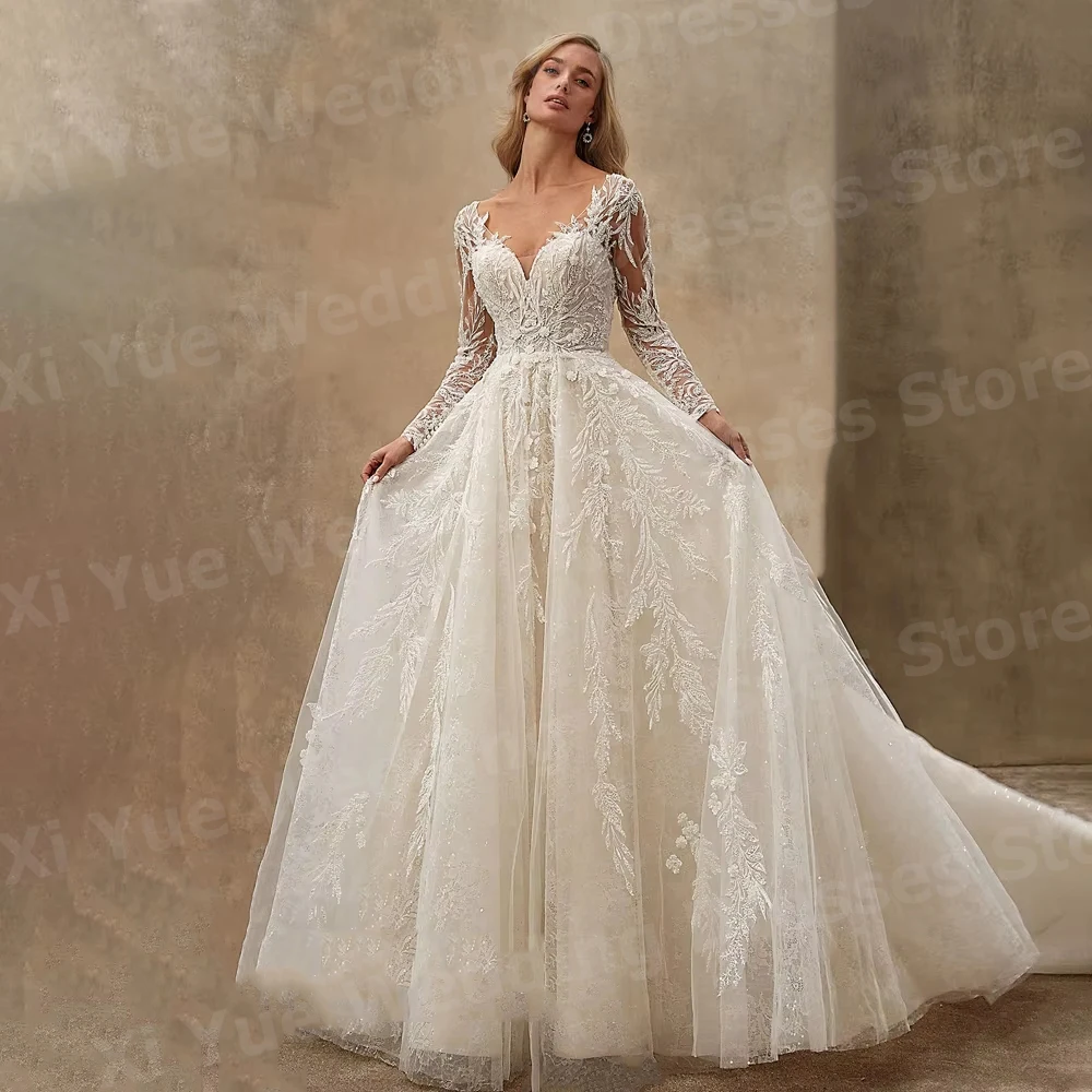 Robe De Mariée gracieuse ligne A pour femmes, col en V, avec des Appliques en dentelle, manches longues, personnalisée