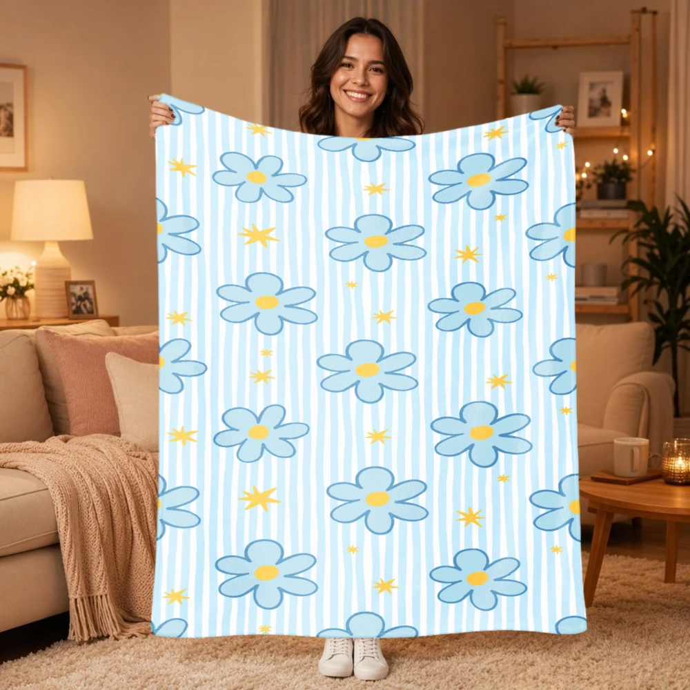 Ultra Soft Blue Daisy Floral Print Throw Blanket Boho Cottagecore Summer Spring Home Decor Sofa Accent Gift