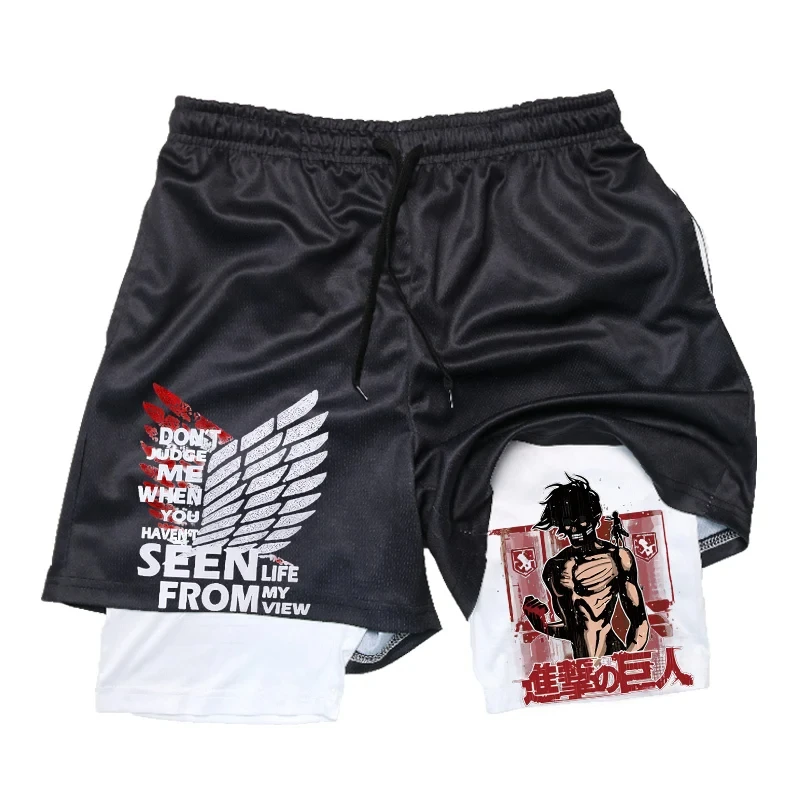 Anime Attack on Titan 2 in 1 Gym Workout Shorts for Men Quick Dry Stretchy Athletic Compression Shorts Fitness Running Jogging