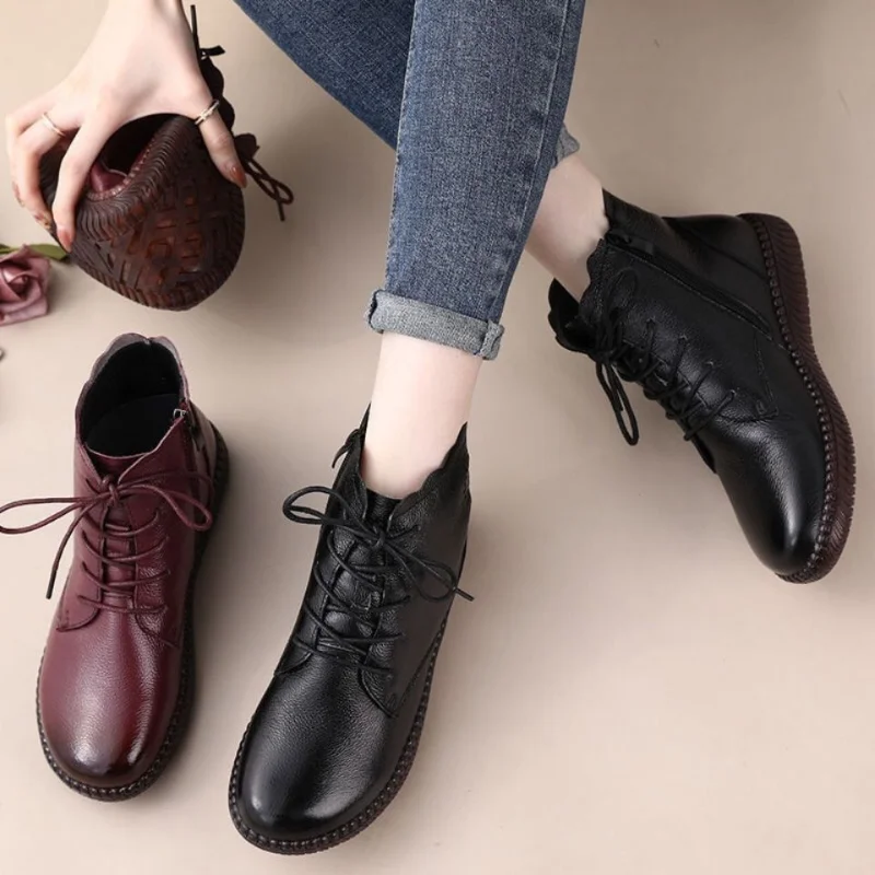 Simple Lace Up Ankle Boots Women\'s Spring Autumn Oxford Shoes Flat Leather Shoes Ladies Short Plush Boots Zipper Black Booties