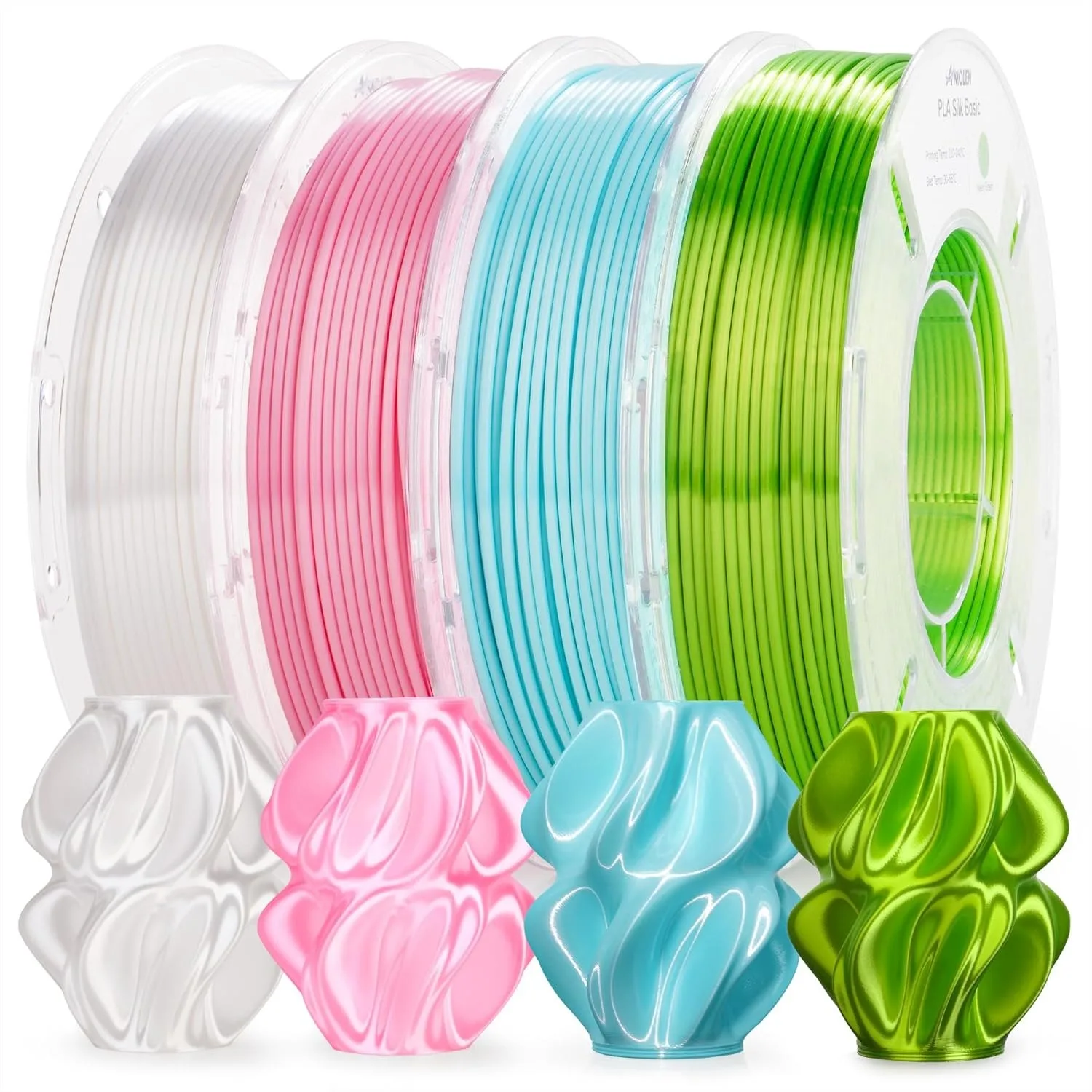 

Silk PLA Filament 1.75mm Bundle, 4 Colors 200g Each, Smooth Shiny Finish for 3D Printing, High Precision ±0.02mm