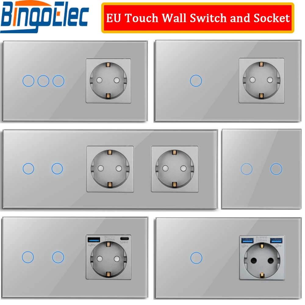 

Bingoelec Touch Sensor Switch with Socket Crystal Glass Panel 110~250V 16A 157*86 Wall Socket with Light Switch 1/2/3Gang 1Way