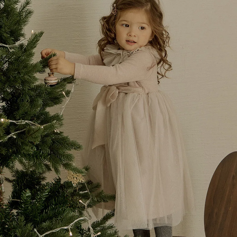 2025Autumn Strawberry Shan Korean Girl Children's Three-Layer Mesh Lace Collar Bow Princess Dress