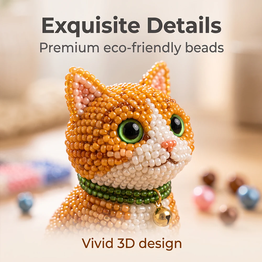 3D Beaded Kitten DIY Beading Kit, 4 Styles Cute Cat Figurine Craft Set, Table Decor Gift For Cat Lovers