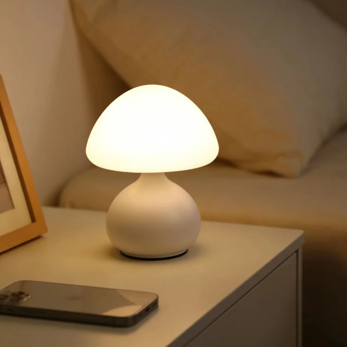 Lampe de table moderne minimaliste en forme de champignon avec trois couleurs changeantes et variation d'intensité infinie pour la décoration intérieure et créer une ambiance.