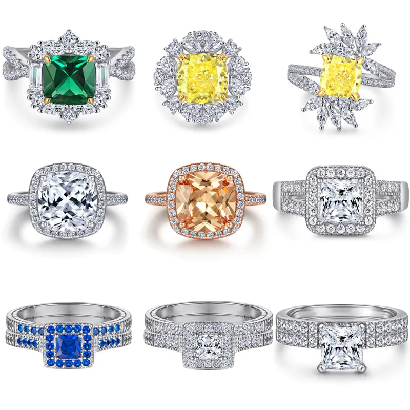 

S925 pure silver plated 18K gold PT950 platinum ring square diamond square gemstone non fading diamond ring combination set