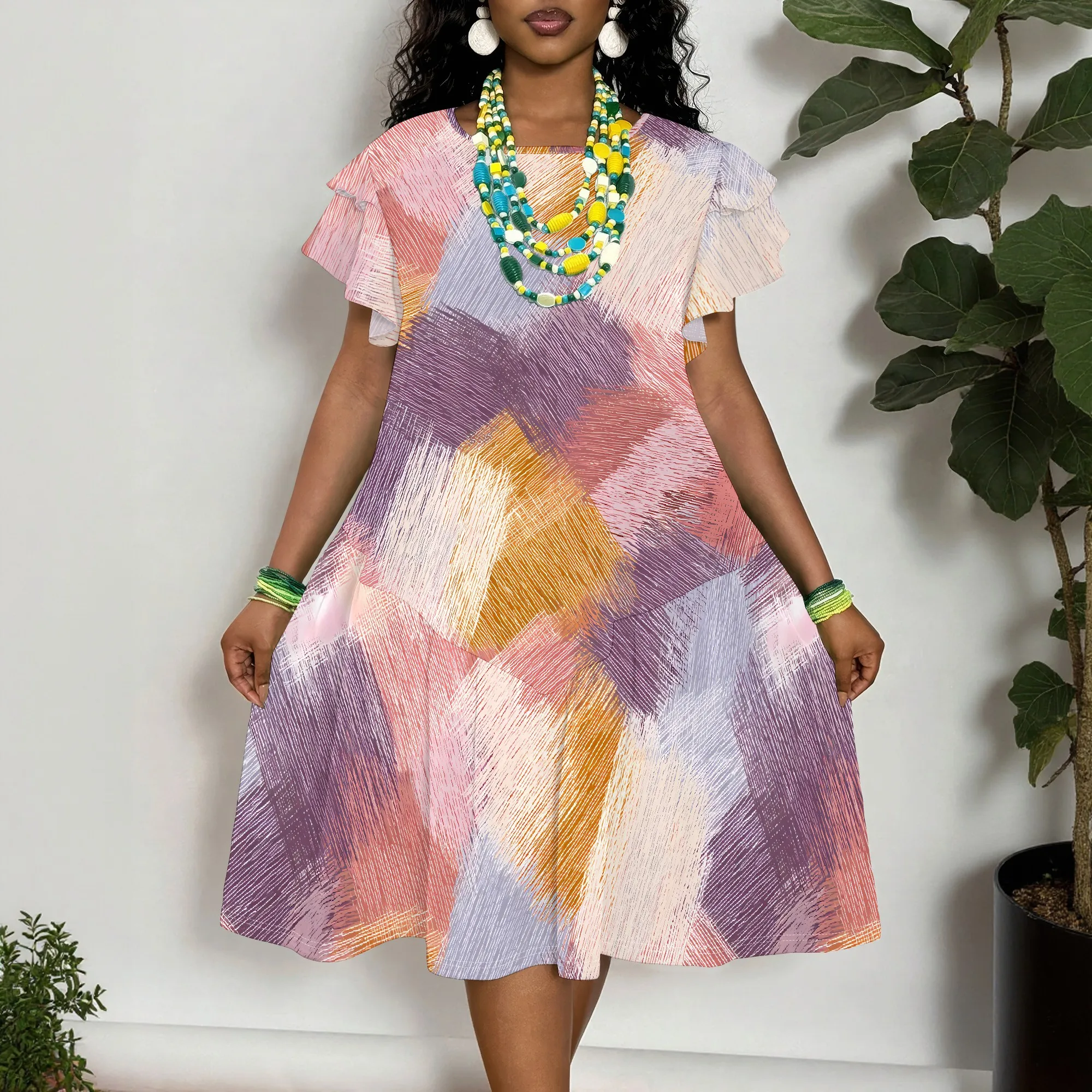 

Abstract Brushstroke Print Short Sleeve Dress for Women, Casual Loose Fit Summer Tunic Dress