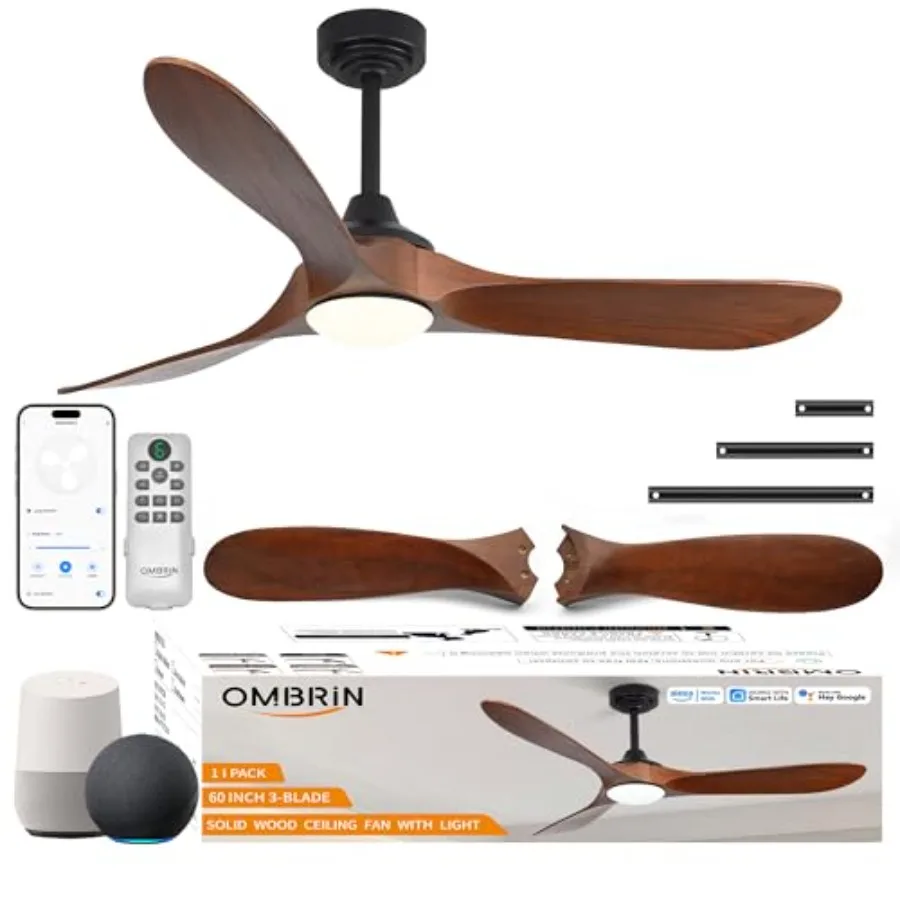 60 inch Outdoor Ceiling Fans with Lights, Smart Wood Ceiling Fan for Alexa/Google/APP Control, Indoor/Outdoor Use, 3 Blades, 3C