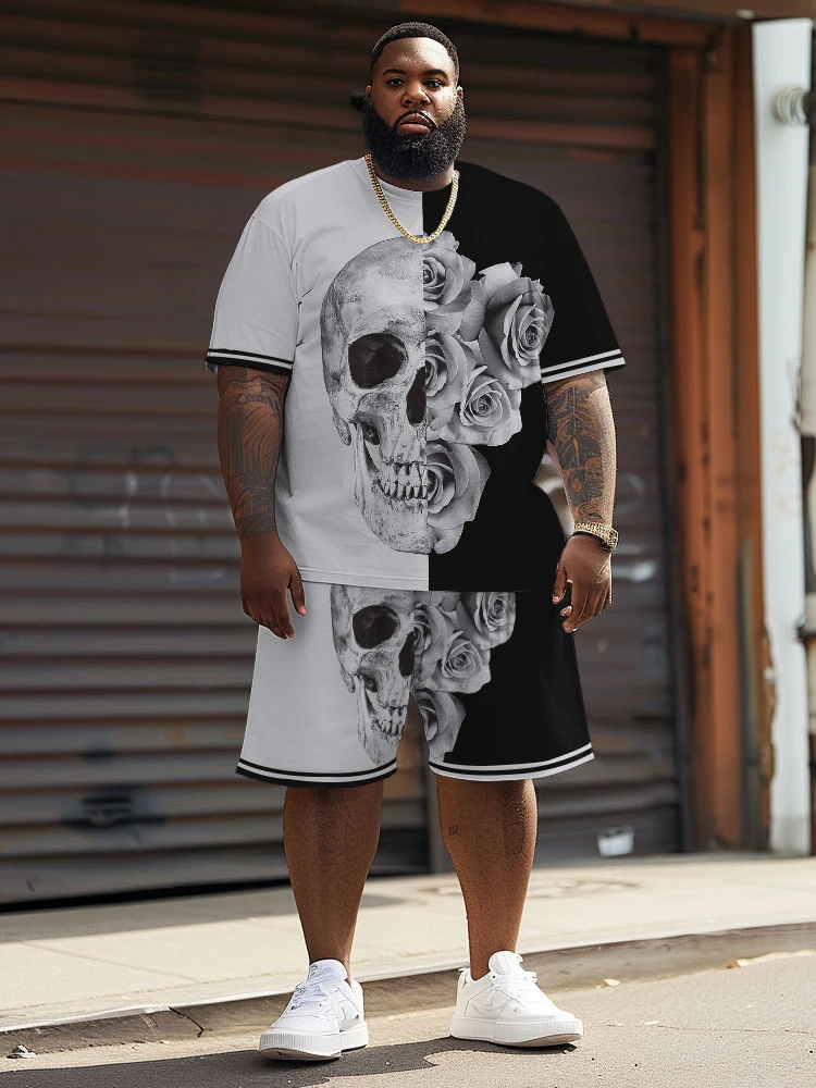 L-9XL Short sleeved T-shirt Shorts Set Plus Size Men Summer Street Casual Black and White Skull Colored Print Two Piece Set ZOOY