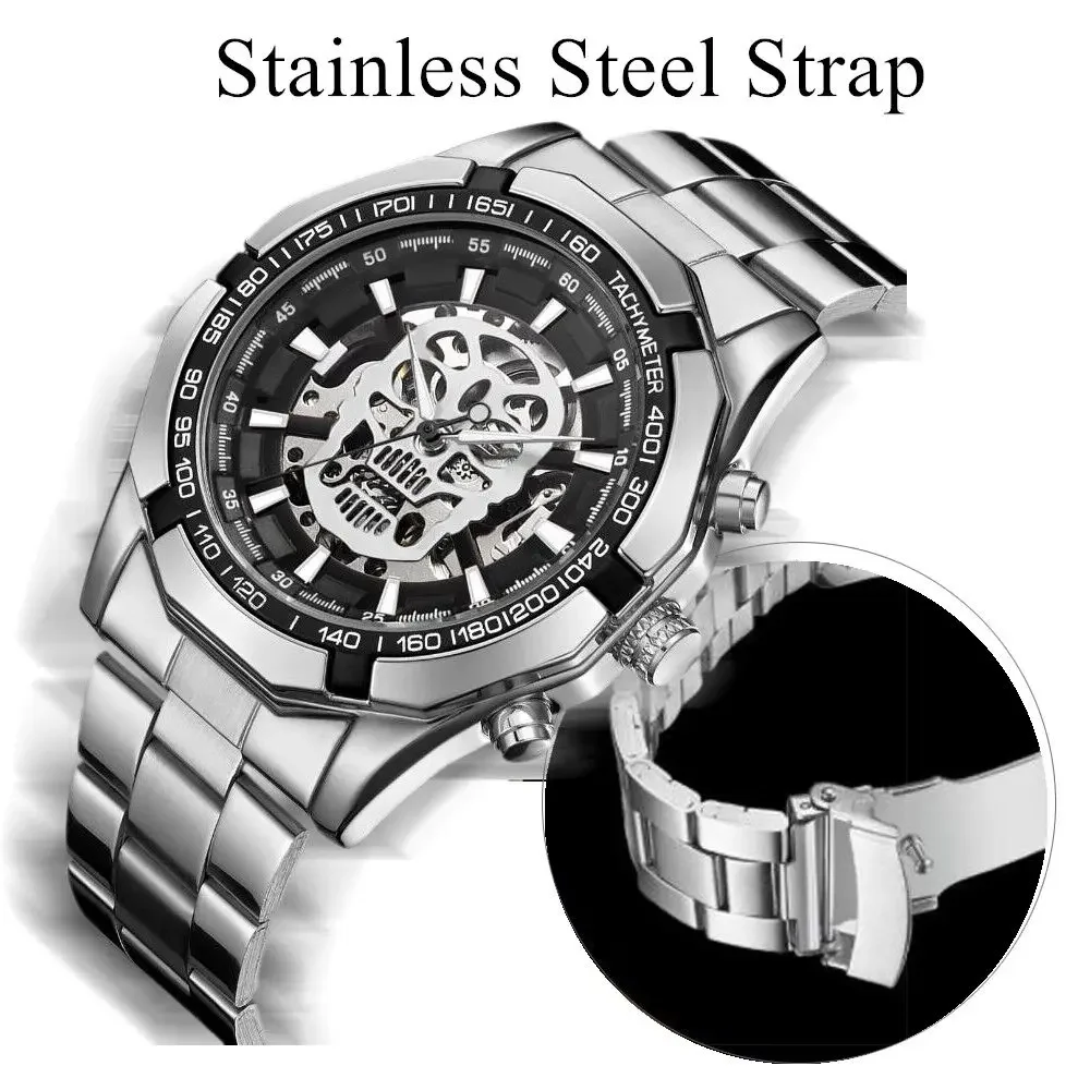 NEW WINNER Steampunk Skull Auto Mechanical Watch Men Silver Stainless Steel Strap Skeleton Dial Fashion Cool Design WristWatches