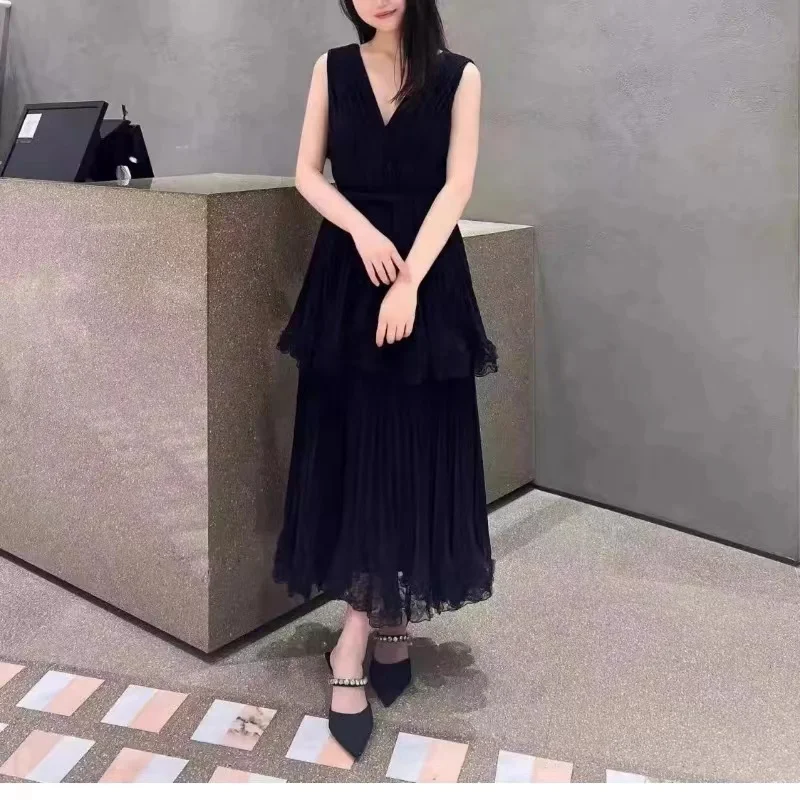 Runway Fashion Summer Black Ruffles Cake Midi Dress New Elegant Women Sexy V Neck Sleeveless Tank Chiffon Lace Trims Party Dress