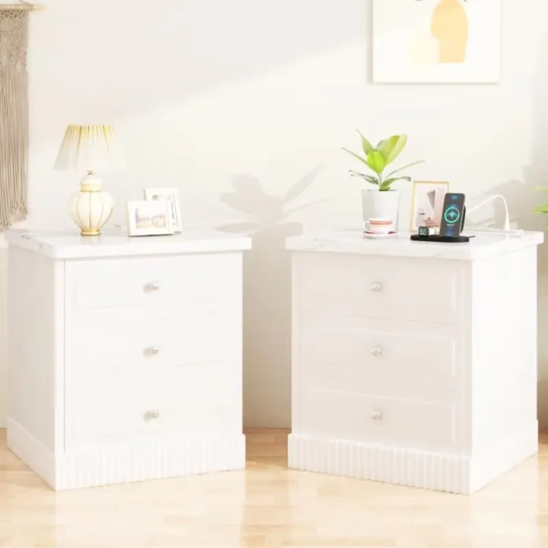 Charging Nightstand 3-Drawer Bedroom Side Table USB Type-C AC Outlets White Set/2,Customized