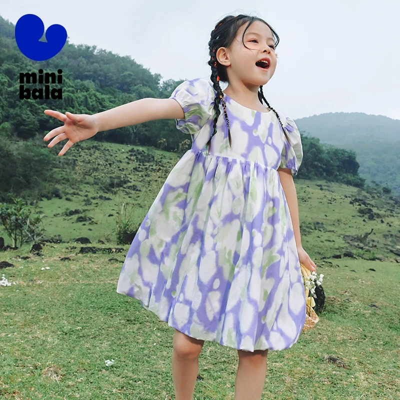 Mini Bala Dress Girls Children Dress Summer Skin-Friendly Pure Cotton Bubble Sleeve Sweet Dress