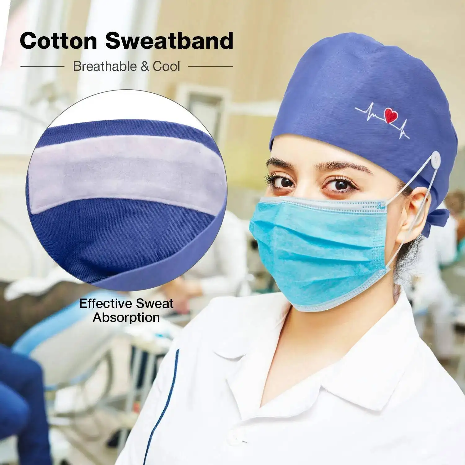 Modne czapki medyczne z nadrukiem, codzienne unisex czapki do sali operacyjnej dla pielęgniarek, haftowane, pyłoszczelne czepki chirurgiczne z guzikiem.