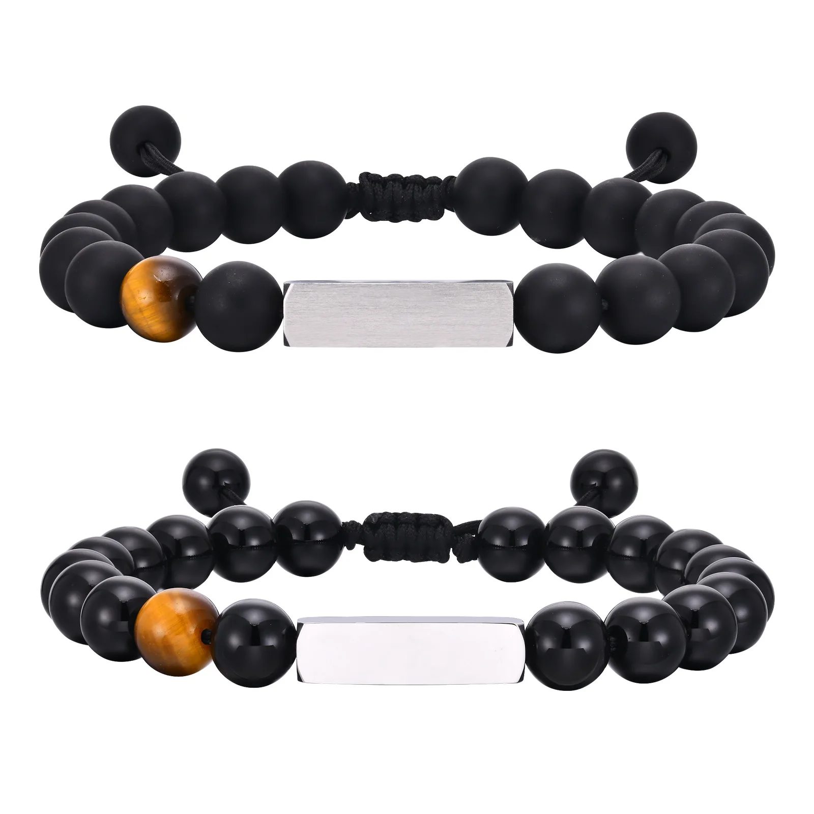 

Free Personalized Name Bar(Front) Bracelets for Men Dad, Black Stones Tiger Eye Beaded Bracelets, Adjustable Classic Gift