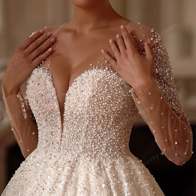 Robe De mariée gracieuse, broderie De perles, robe De bal, manches longues, col en v, bouton arrière personnalisé