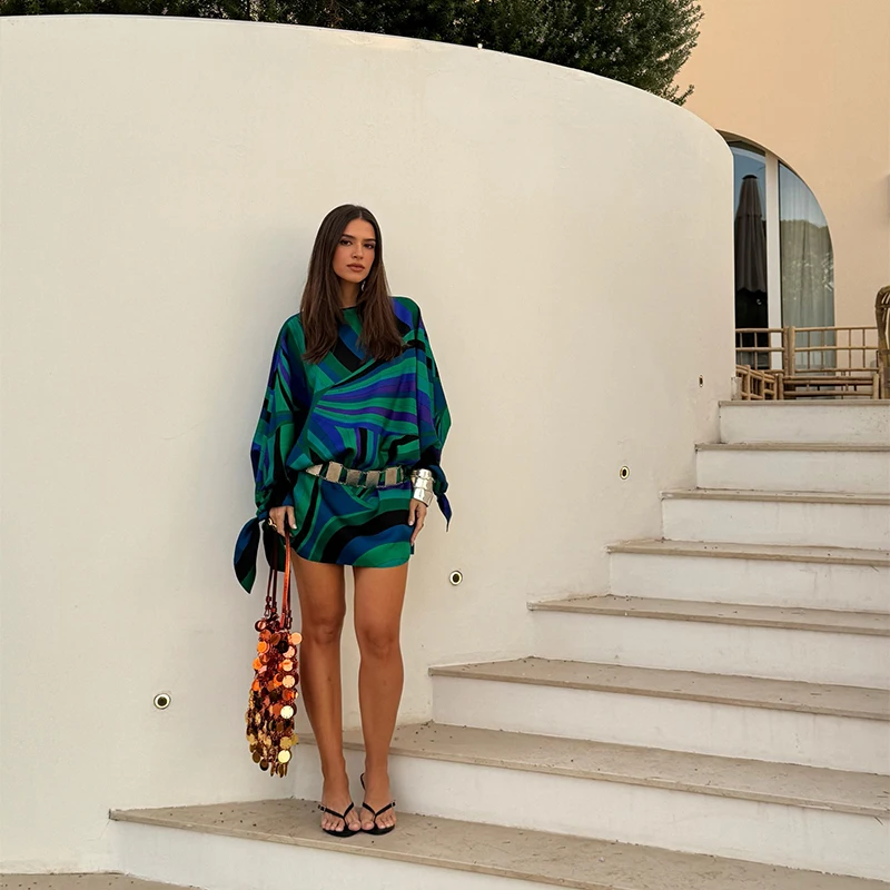 

Elegant Printed Mini Dress Bohemian style Lantern Sleeve O Neck Loose Robes Vacation Beach Party Vestidos 2025 New Lady Dresses