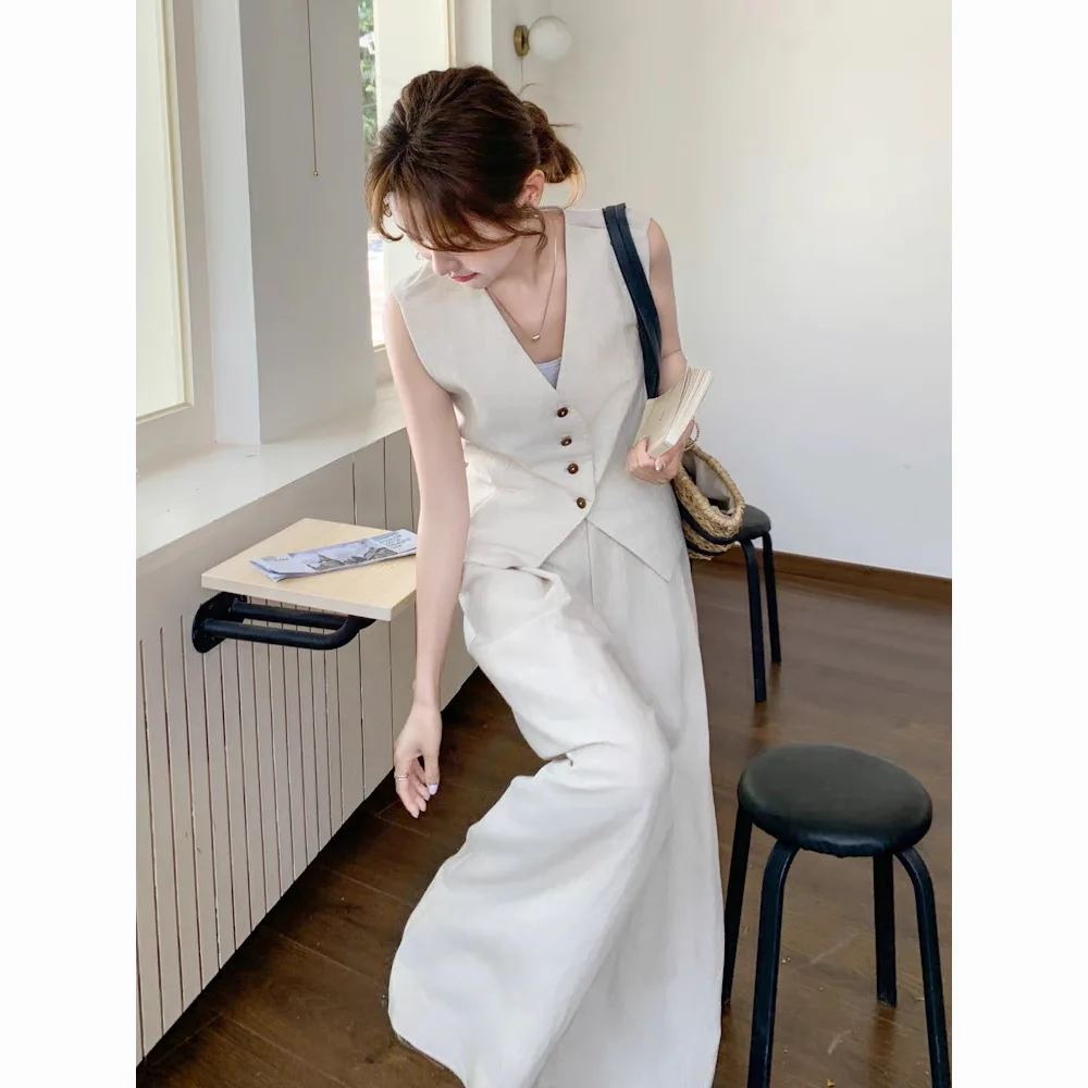 

Two Pieces Women Pant Ses Solid Matching Set Sleeveless Vest Elastic Waist Wide Leg Pants Slim Office Lady Casual 2026 Summer