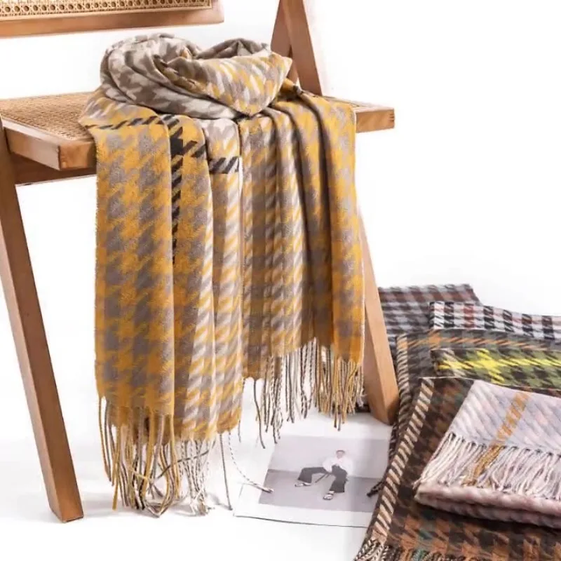 2025 Winter New Imitation Cashmere Fashion Contrasting Colors Thousand Bird Grid Fringed Scarf Warm Versatile Large Shawl Gifts