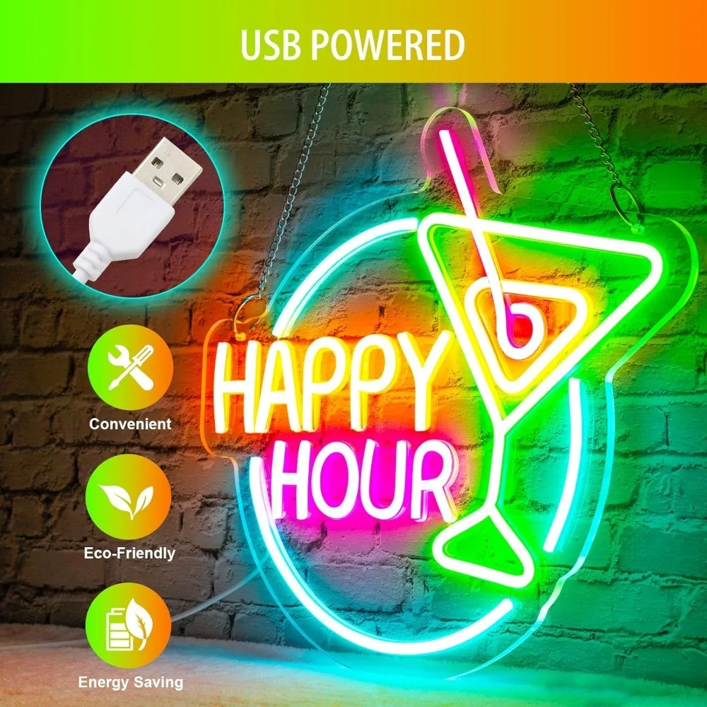 Happy Hour Neon Sign Dimmable LED Happy Hour Neon Bar Signs for Home Bar, Bright Cocktails Happy Hour Neon Signs for Wall Decor