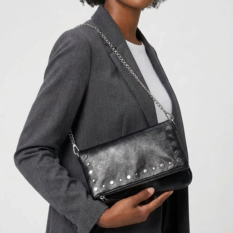 Retro Chain Rivet Shoulder Bag, Motorcycle Large Capacity, Y2k Fashion Flap Handbag, Stylish Versatile Women's Crossbody Bag